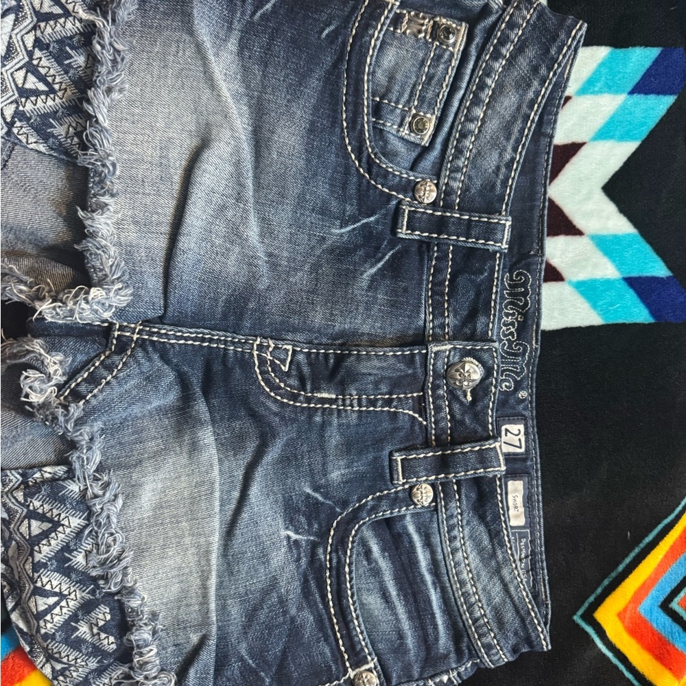 Miss Me Dark Blue Jean Shorts with Embellished Pockets